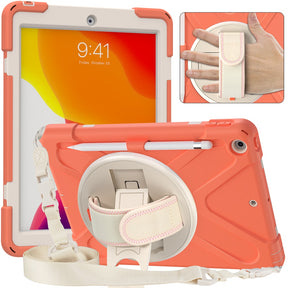 Morandi Case For iPad 10.2 2019/2020 Kids Safe Shockproof Protective Cover With Kickstand+Strap-Coral Orange