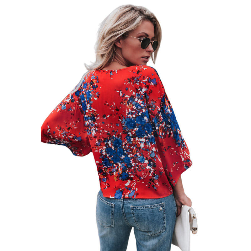 Boho Womens Blouse V Neck Tie Knot 3/4 Sleeve Summer Casual Tops-Red2