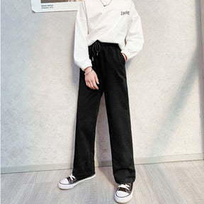 Girls Joggers Long Pants Pockets Outdoor Casual Wide Leg Pants with Drawstring Knitting-Black