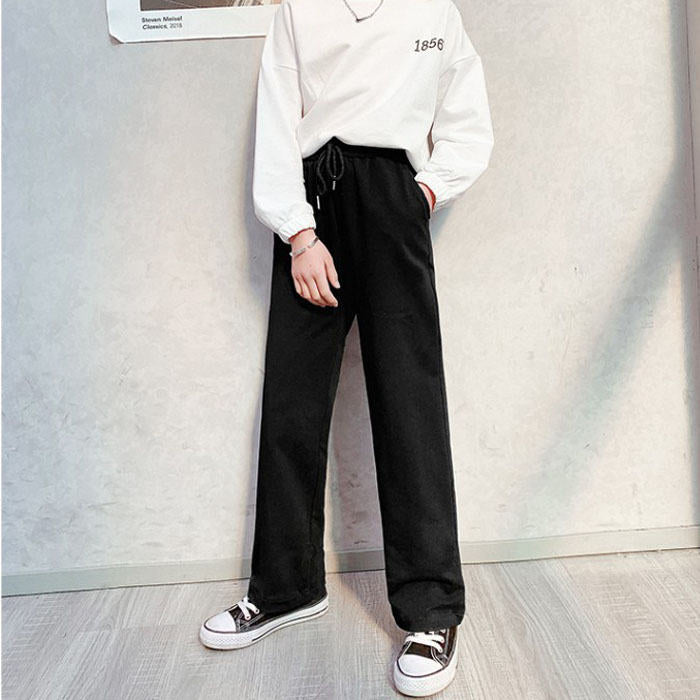 Girls Joggers Long Pants Pockets Outdoor Casual Wide Leg Pants with Drawstring Knitting-Black
