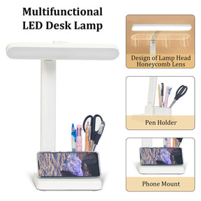 LED Desk Lamp with Pen Organizer,Study Lamp with Phone Holder 3 Color Modes, Stepless Dimming,Eye Caring Touch Control Table Lamp for Home Office