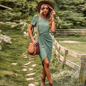 Womens Dress Slit Knit Bodycon Short Sleeve Solid Color Midi Dress-Bean Green