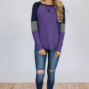 Womens Color Block Round Neck Tunic Top Casual Long Sleeve Shirt-Purple