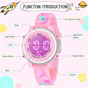 Girls Digital Sport Watches LED with 7 Colors Backlight 3D Butterfly Wristwatch-Pink