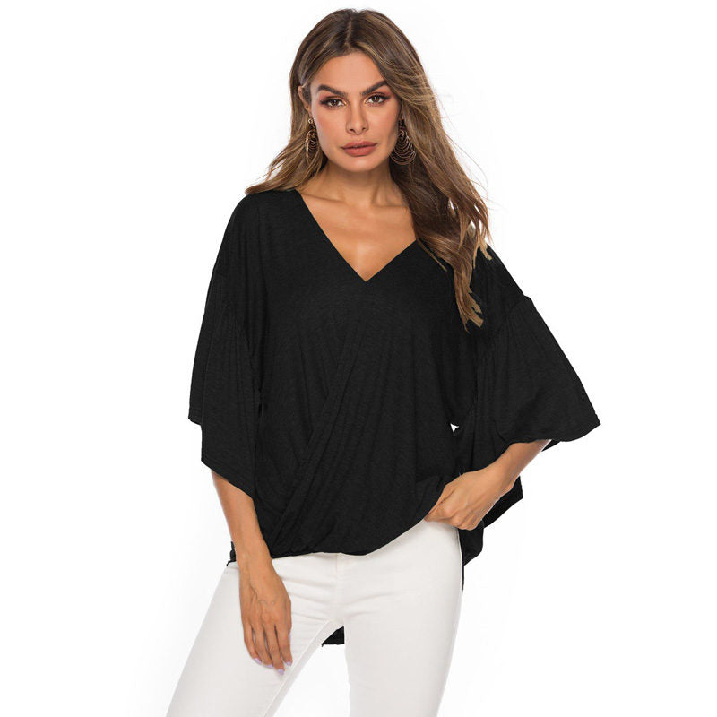 Womens Summer Ruffle Sleeve V-Neck T-Shirt Knot Tops-Black