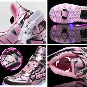 Rechargeable LED Light Shoes Roller Skates for Kids-2166 Pink