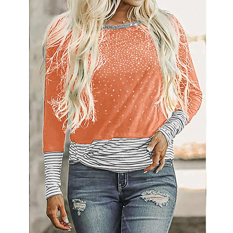 Womens Fashion Printed Color Block Long Sleeve Top-Orange