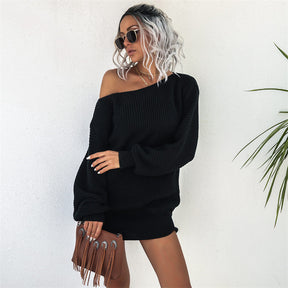 Womens Autumn Winter Off Shoulder Casual Loose Sweater Dress-Black