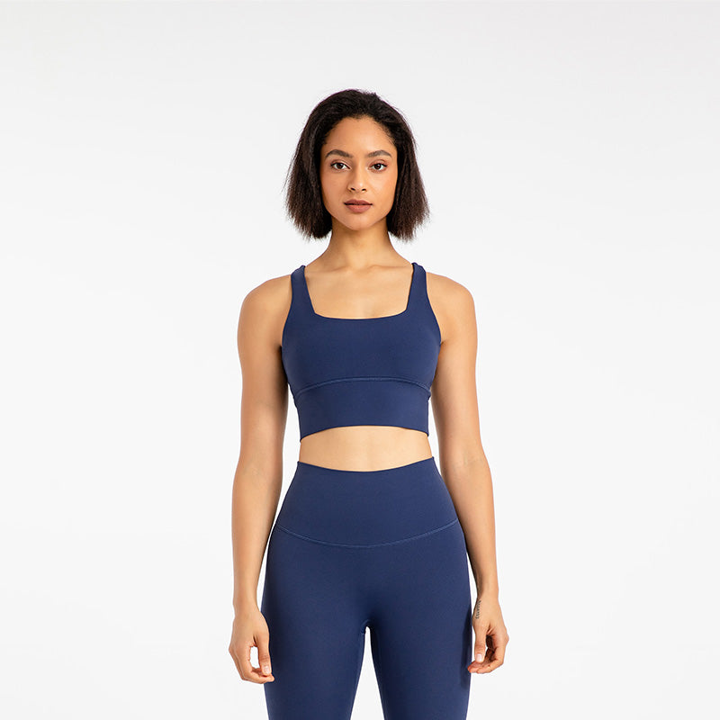Cross Back Longline Sports Bras Wirefree Padded Crop Tank Top-Navy Blue