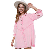 Denim Shirt Dress for Fall Lantern Sleeve Vintage Loose Babydoll-Pink