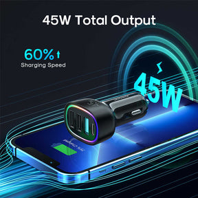 45W 4 Ports Fast Car Charger Adapter PD3.0 & QC3.0 Cigarette Lighter for iPhone Samsung