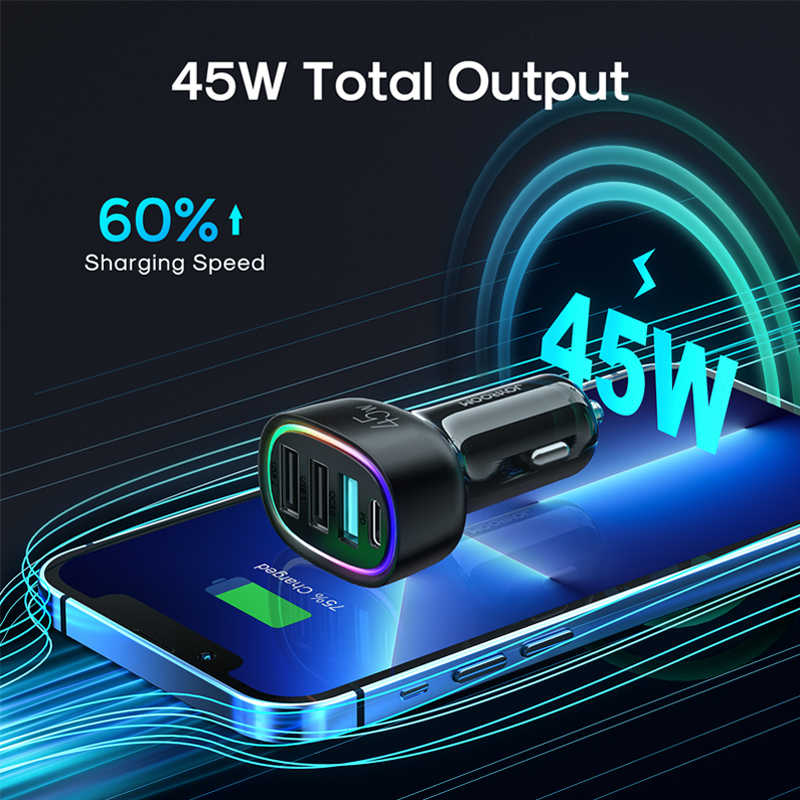 45W 4 Ports Fast Car Charger Adapter PD3.0 & QC3.0 Cigarette Lighter for iPhone Samsung