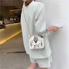 Women Motorcycle Jacket Crossbody Bag Punk Style Lapel Collar Satchel Bag-White