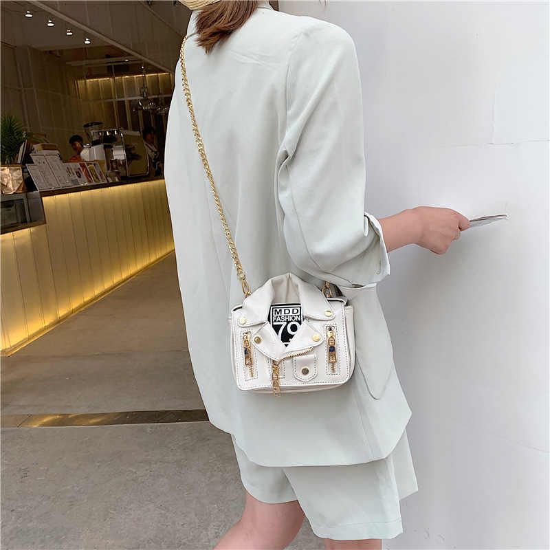 Women Motorcycle Jacket Crossbody Bag Punk Style Lapel Collar Satchel Bag-White
