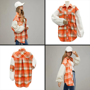 Womens Plaid Jacket Sherpa Patchwork Thickened Oversized Coat-Orange