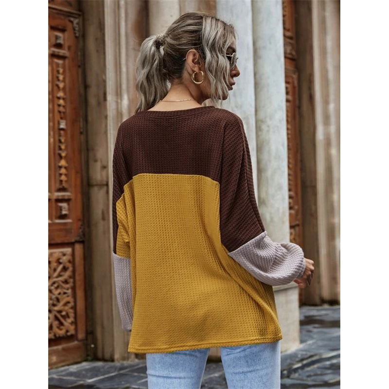 Women Waffle Color Block Sweatshirt Long Sleeve-Orange