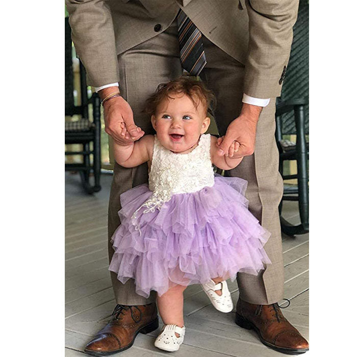 Little Girl Lace Flower Tutu Dress Backless Wedding Flower Girl Dress-Purple