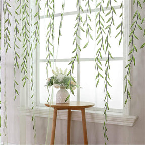 2 Panels Sheer Curtains Rod Pocket Willow Leaves Print for Living Room-Green