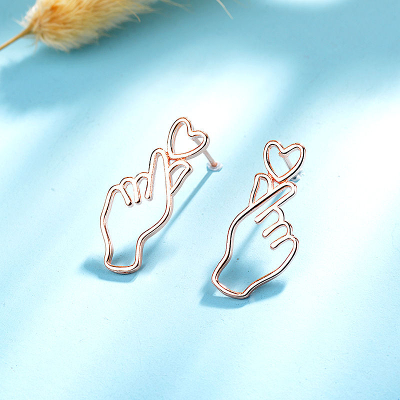 Sweet Heart Gesture Studs Earrings for Women Teen Girls-RoseGold