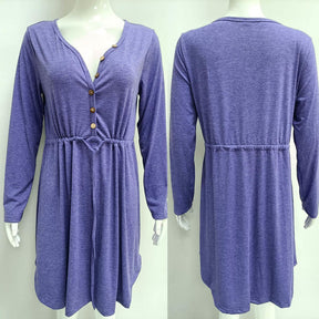 Ladies Casual V Neck Button Long Sleeve Tunic Dress-DarkBlue