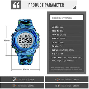 Kids Camouflage Digital Watch Outdoor Sports Waterproof Electronic Watches-LightBlue