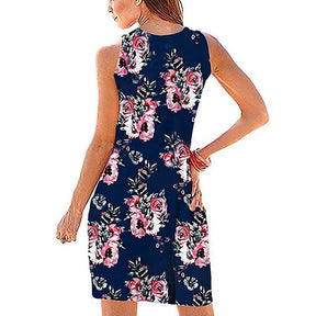 Summer Beach Tank Dresses Sleeveless Tunic Long Dress-PrintNavyBlue