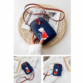 Women PU Crossbody Bag Cute Mobile Wallet-DarkBlue