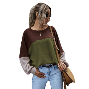 Women Waffle Color Block Sweatshirt Long Sleeve-Army Green