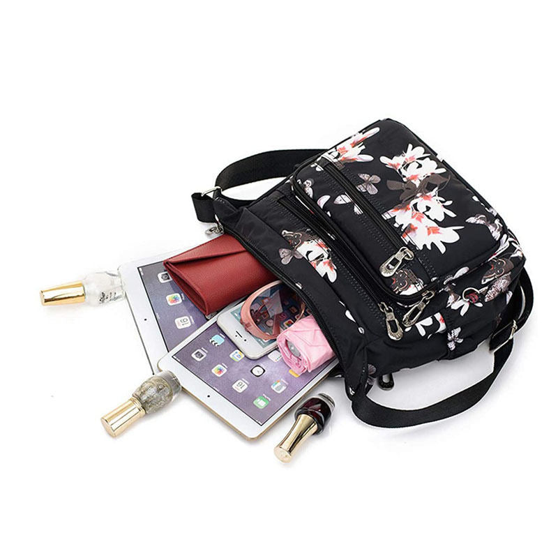 Women Nylon Floral Crossbody Bag Multi Pocket Shoulder Bag-Magnolia