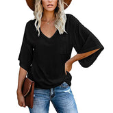 Womens Solid Color Simple V Neck Mid Sleeve T-Shirt-Black