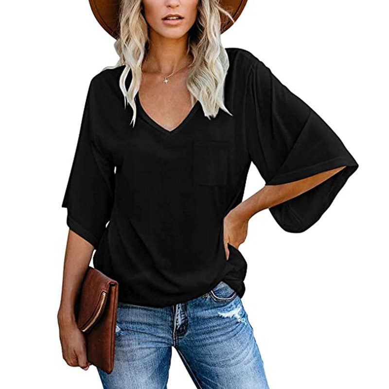 Womens Solid Color Simple V Neck Mid Sleeve T-Shirt-Black