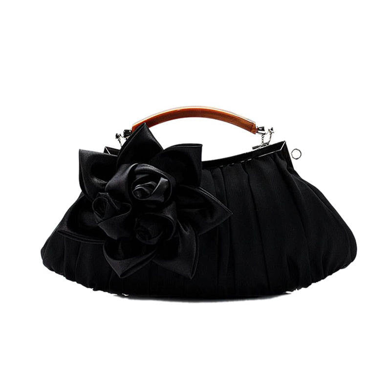 Womens Silk Flowers Evening Bags Clutch-Black