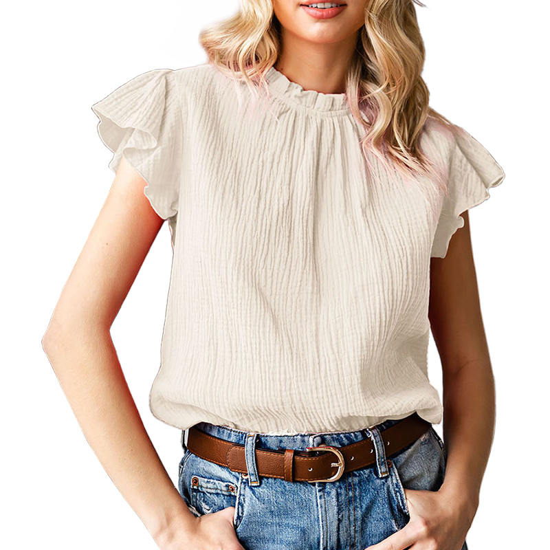 Womens Ruffle Sleeve Blouses Summer Casual Plain Round Neck  Loose Fit Tops-Apricot