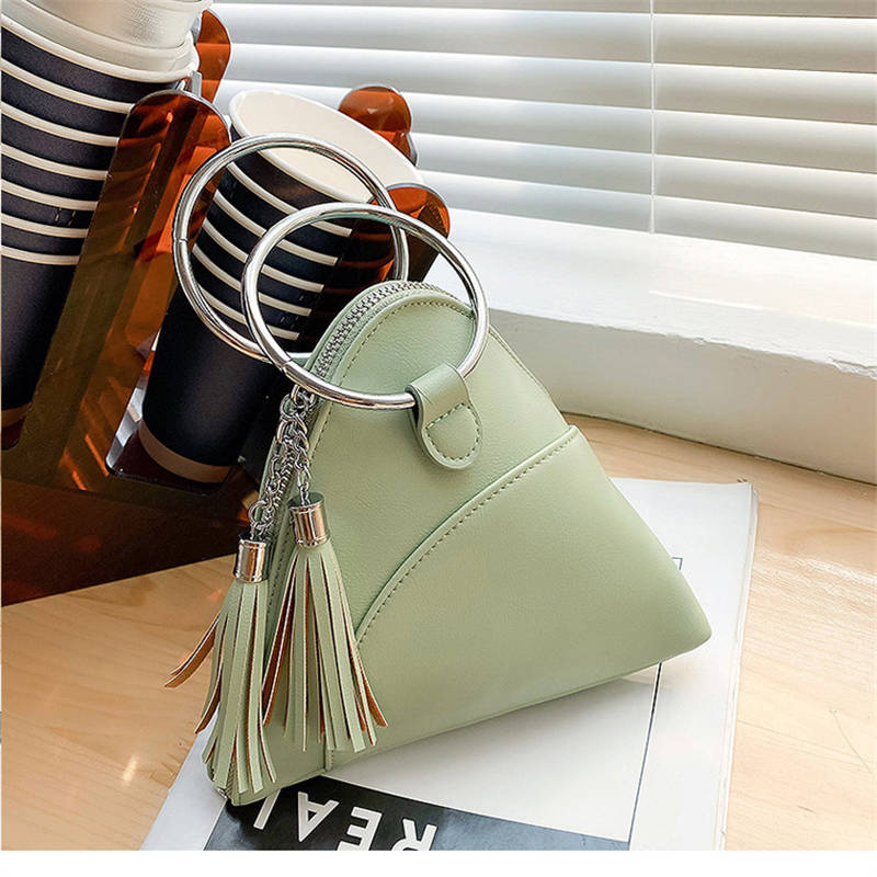 Women Cute Tassel Clutch PU Leather Triangle Bags-Green