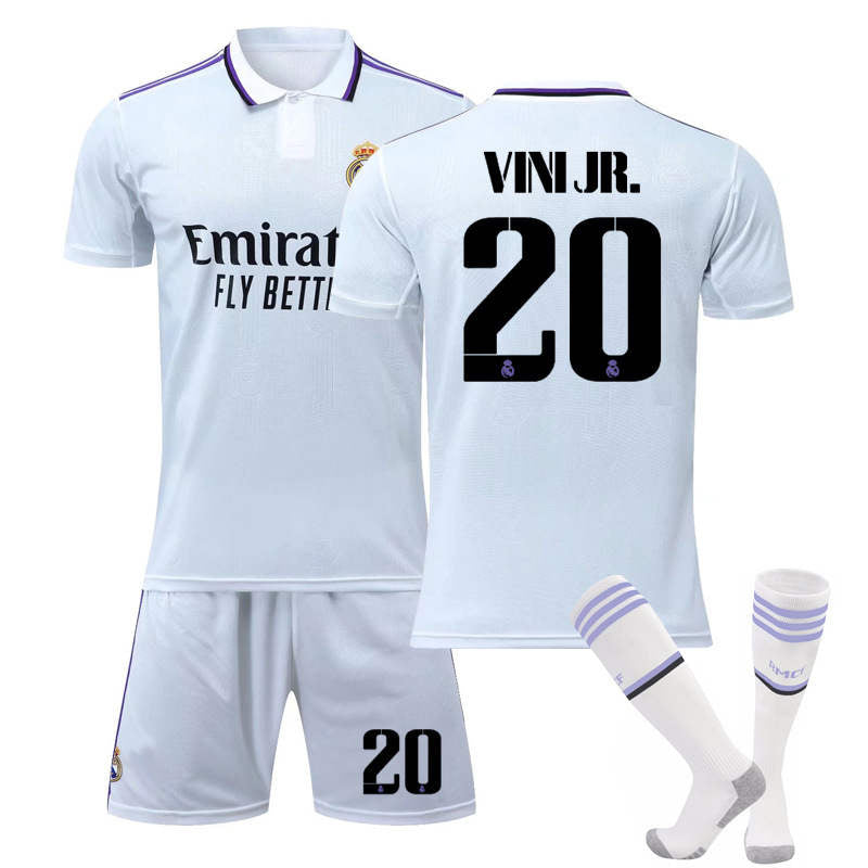 Real Madrid Home Jersey 2022-23 VINI JR. #20 Soccer Jersey Kids Adult 3-Pieces Jersey Kits