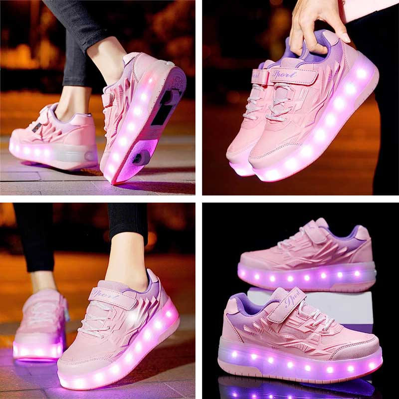 Kids Fashion LED Roller Shoes with Double Wheels for Boys Girls-Pink