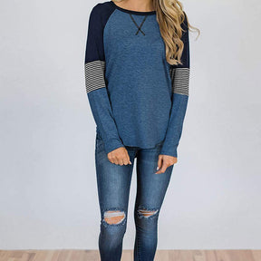 Womens Color Block Round Neck Tunic Top Casual Long Sleeve Shirt-Blue