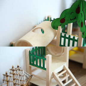 Hamster Wooden Playground Hideout with Tube Fences Ladders-Green