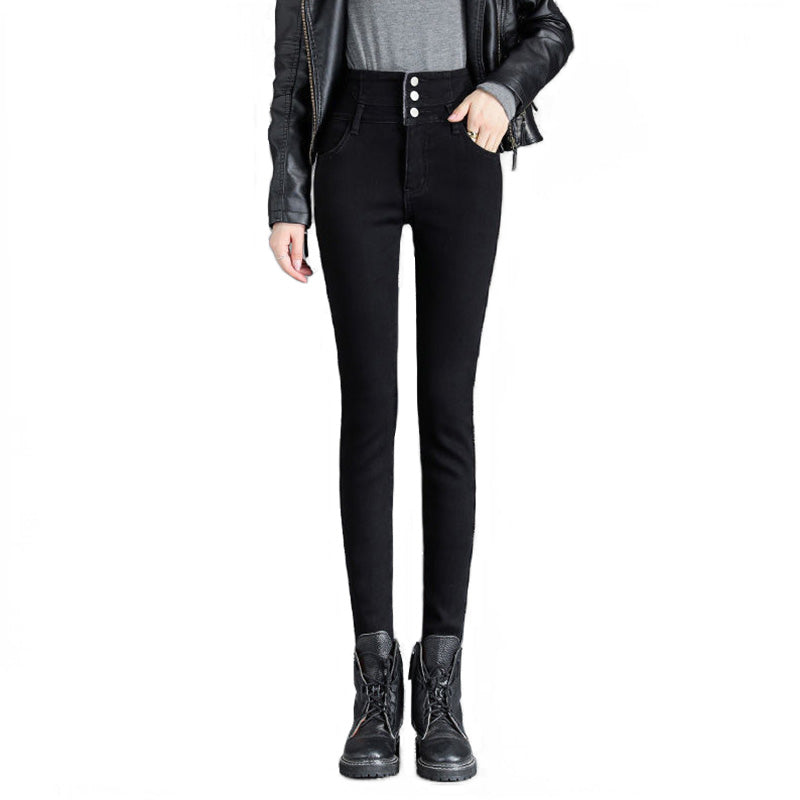 Womens Jeans Button up Stretch Slim Fit High Rise Denim Pants-Black