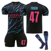 Manchester City Second Away UEFA Jersey FODEN #47 Soccer Jersey Kids Adult 3Pcs Jersey Kits