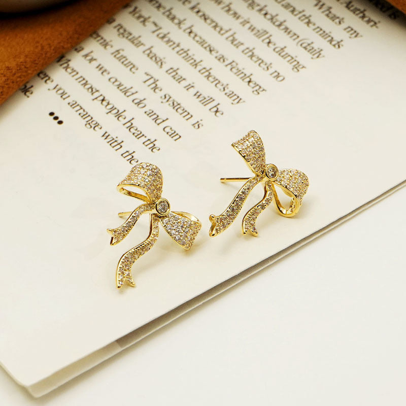 Pair Of Gold Diamond Ribbon Bow Earrings for Women