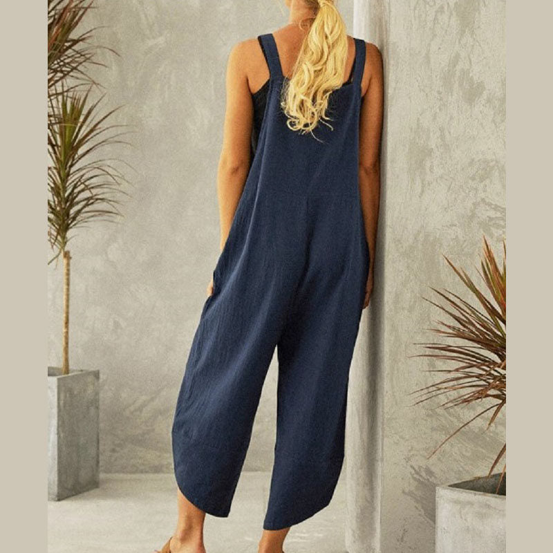 Womens Cotton Adjustable Casual Summer Bib Overalls Jumpsuits with Pockets-DarkBlue