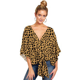 Boho Womens Blouse V Neck Tie Knot 3/4 Sleeve Summer Casual Tops-Leopard3