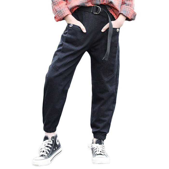 Girls Joggers Long Pants Pockets Outdoor Casual Trousers Buttons-Black