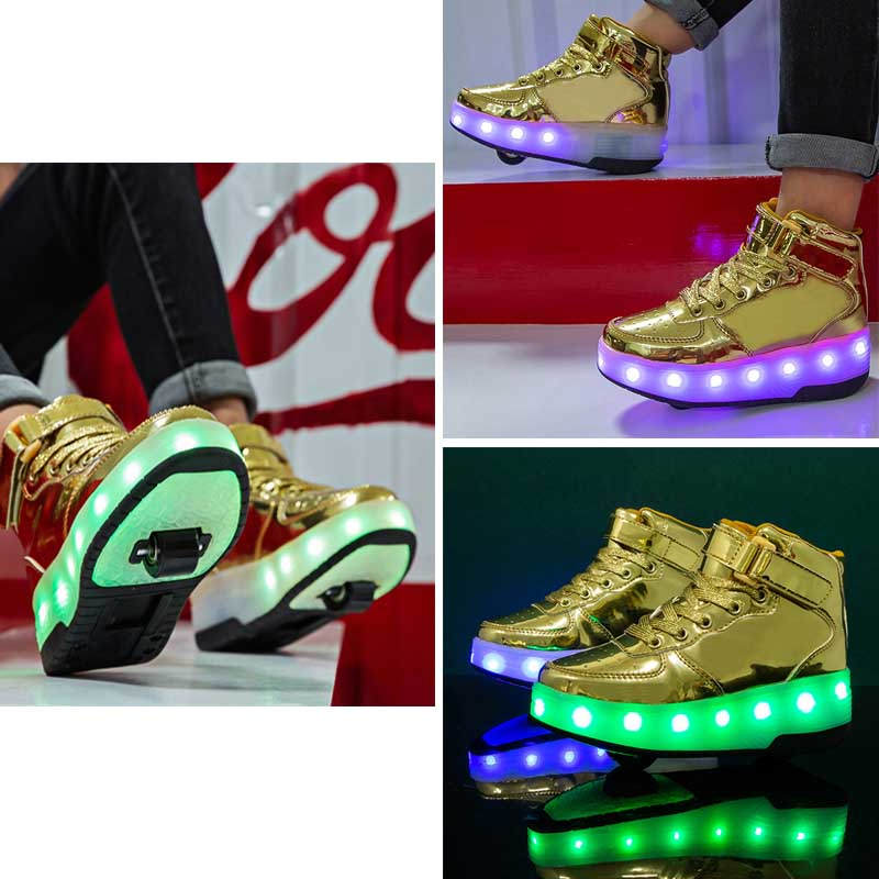 Kids Light Up Roller Skate Shoes High Top Sneakers Double Wheels-Golden