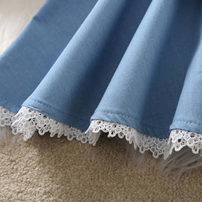 Girls Skater Skirt Denim Solid Color Bowknot Skirt with Lace Hem-LightBlue