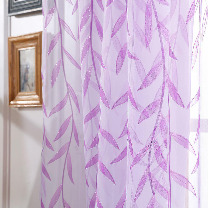 2 Panels Leaves Embroidered Sheer Rod Pocket Drapes For Living Room-Purple