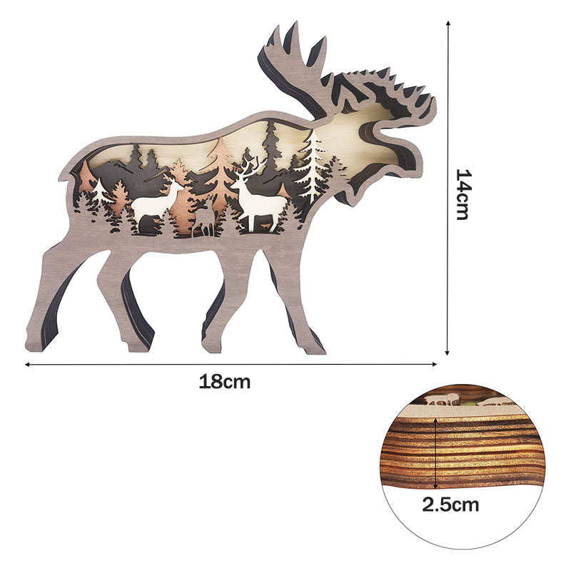 3D Forest Elk Decor Wooden Animal Statues Farmhouse Room Wall Decor-Elk+Light