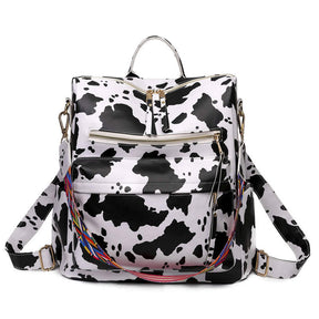 Fashion Backpack Multipurpose Print Leather Travel Shoulder Bag-White Cow Pattern