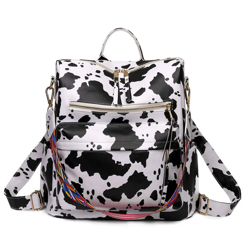 Fashion Backpack Multipurpose Print Leather Travel Shoulder Bag-White Cow Pattern